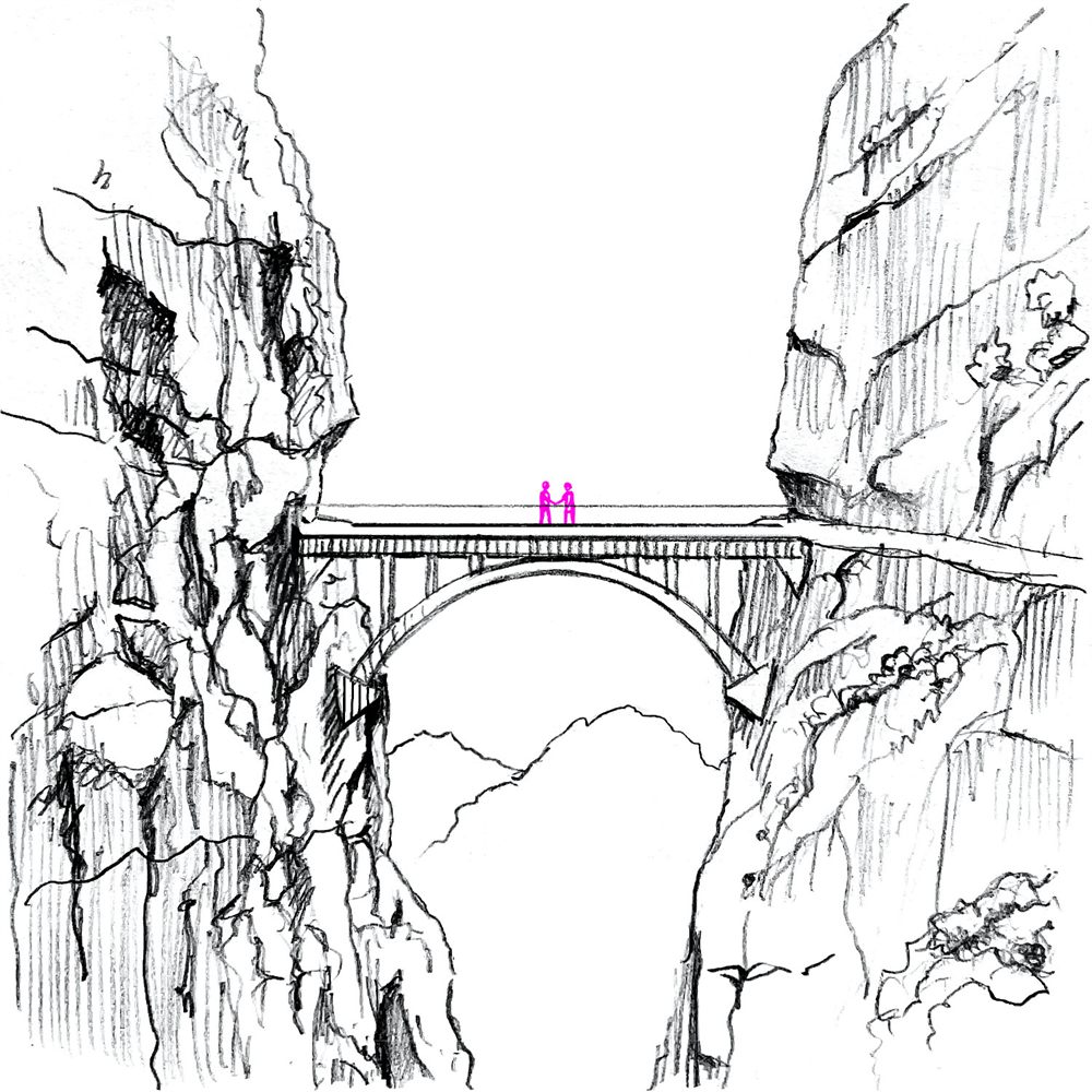 Auf der Br&uuml;cke reichen sich zwei Menschen die Hand